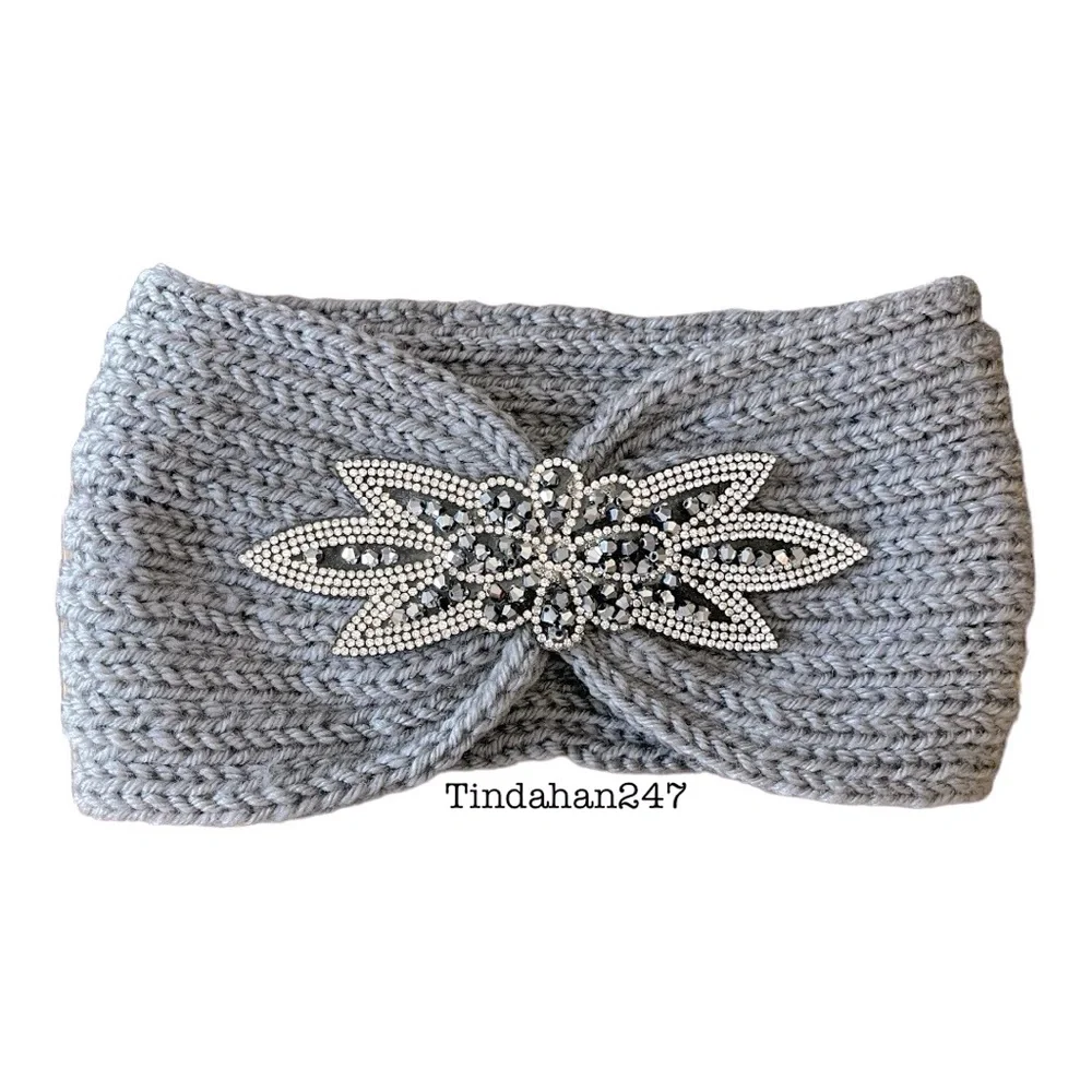 Daisy Gem Flower Design Cement Gray Knit Knot‎ Crochet Handmade Headband